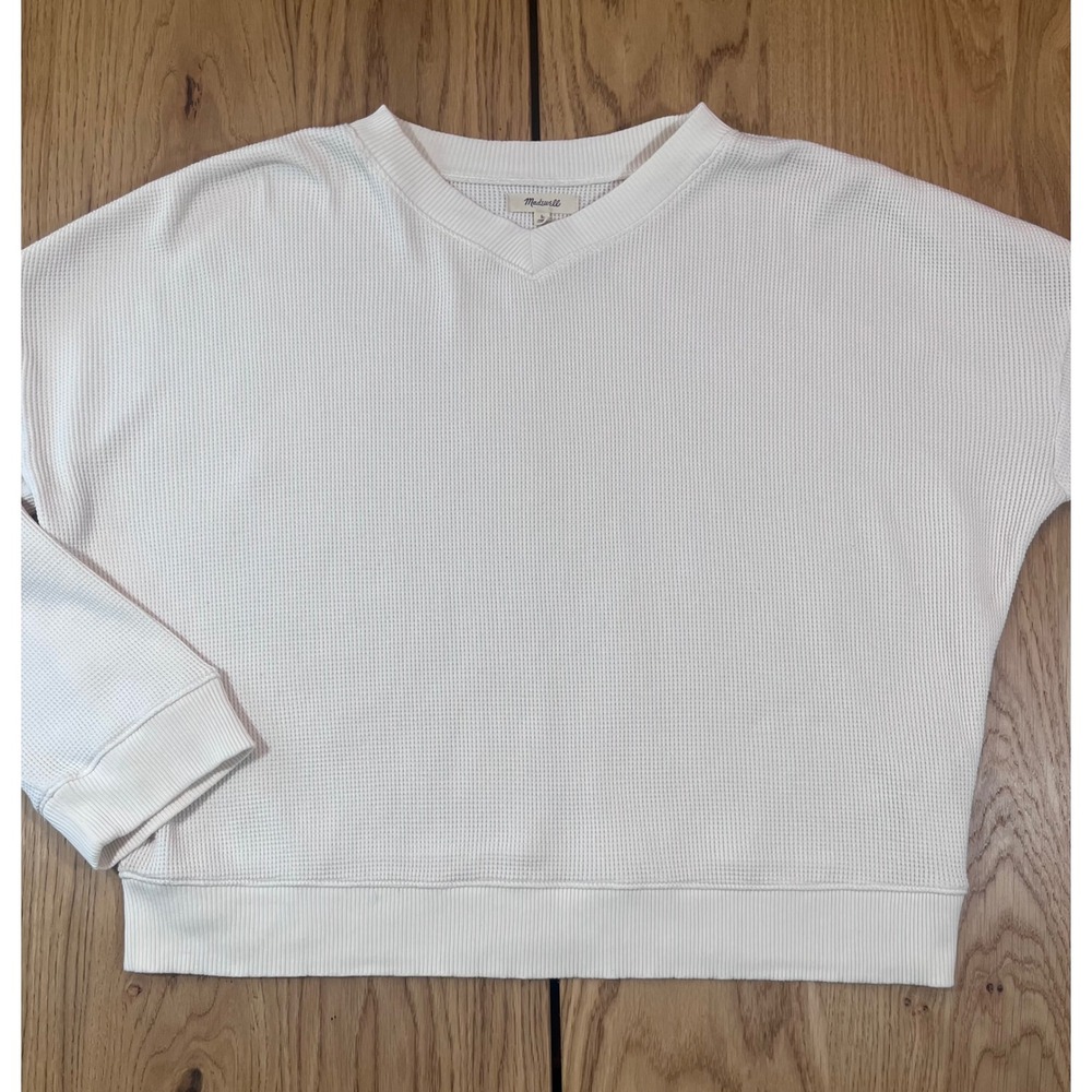 Madewell Waffle Knit V-Neck Sweatshirt Womens Large White Cream Minimalist Cozy